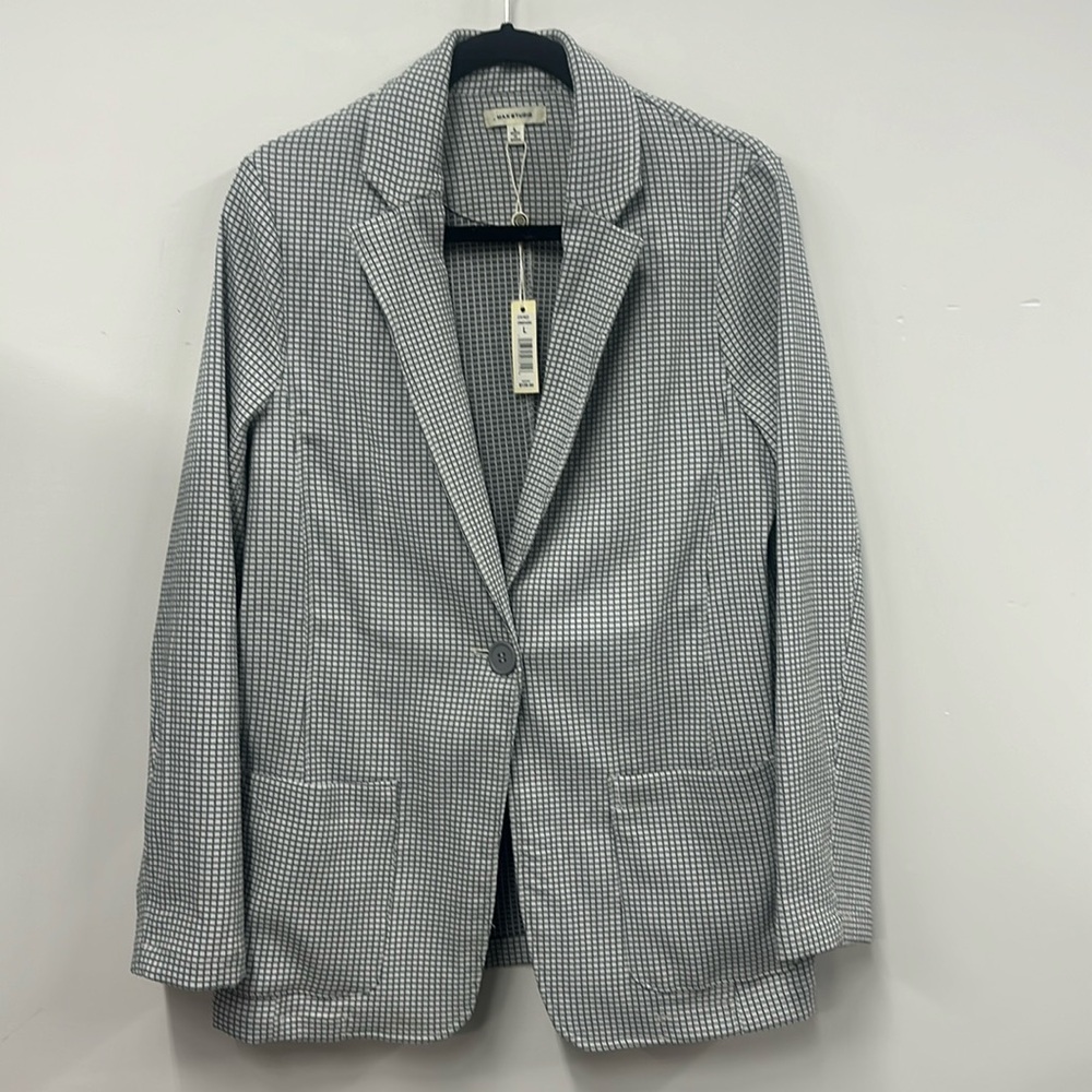 New Max Studio gray white check blazer L NWT